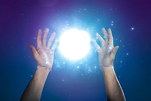 hand supporting abstract glow of light and stars glow, abstract, night, stars, cosmic, magic